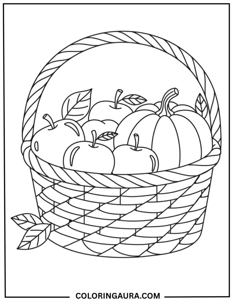 A basket containing apples and a pumpkin with leaves, outlined for easy coloring.