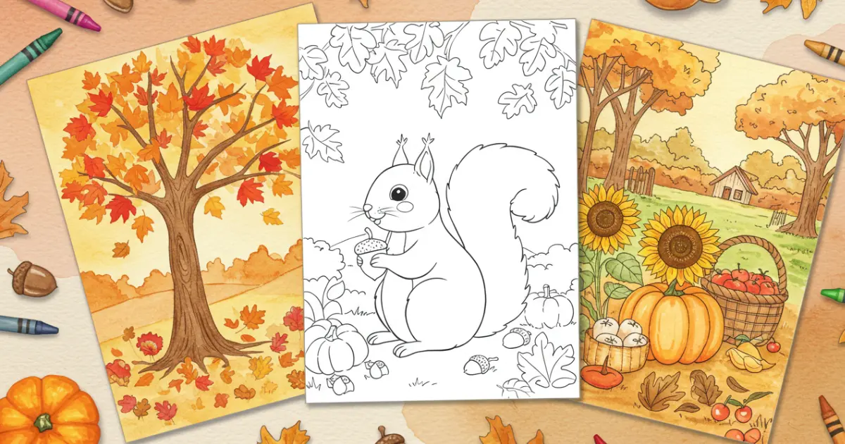 Watercolor illustration of three autumn-themed coloring sheets: a tree with fall leaves (colored), a squirrel with an acorn (uncolored), and a cozy pumpkin patch with sunflowers (colored). Surrounded by crayons, acorns, pumpkins, and autumn leaves