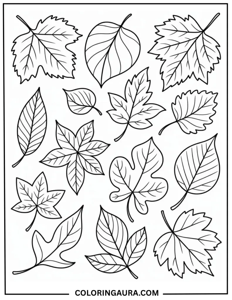 Black and white coloring page with various autumn leaves in different shapes and sizes, outlined for easy coloring
