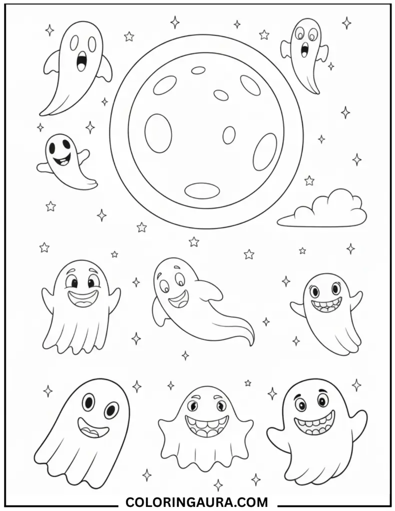 Line art coloring page showing a group of nine happy, cartoon ghosts with big smiles floating around a large full moon, surrounded by stars and a small cloud.
