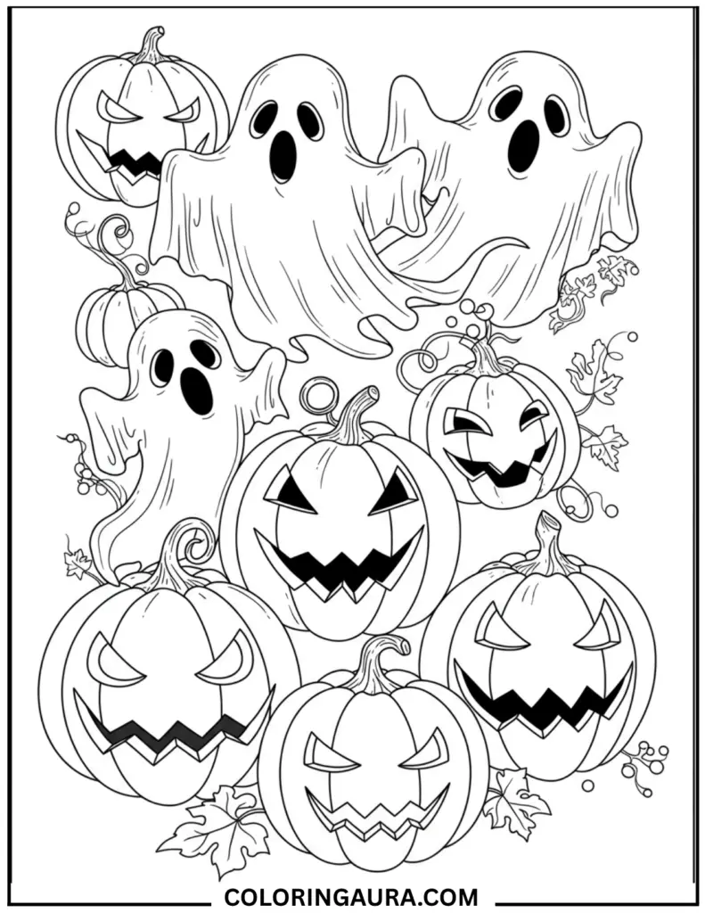 Black and white line art coloring page with a composition of five carved jack-o'-lanterns and three spooky ghosts, decorated with vines and autumn leaves.