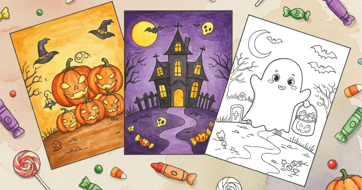 Watercolor Halloween illustration with three coloring sheets: one with pumpkins, one with a haunted house, and one uncolored ghost holding candy. Surrounded by crayons and Halloween treats.