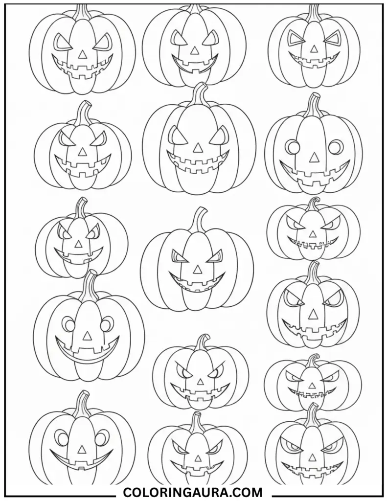 Various Jack-o'-lantern pumpkin faces for coloring