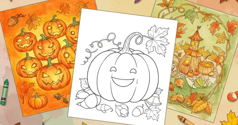 Three pumpkin coloring sheets: jack-o’-lanterns, a smiling pumpkin outline, and a cozy pumpkin patch in watercolor