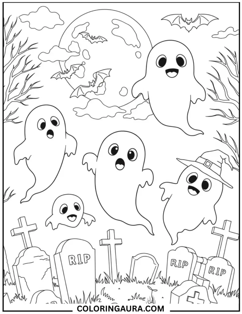Black and white line art coloring page showing five floating, smiling ghosts above a graveyard with tombstones and bare, twisted tree branches under a full moon with two bats.