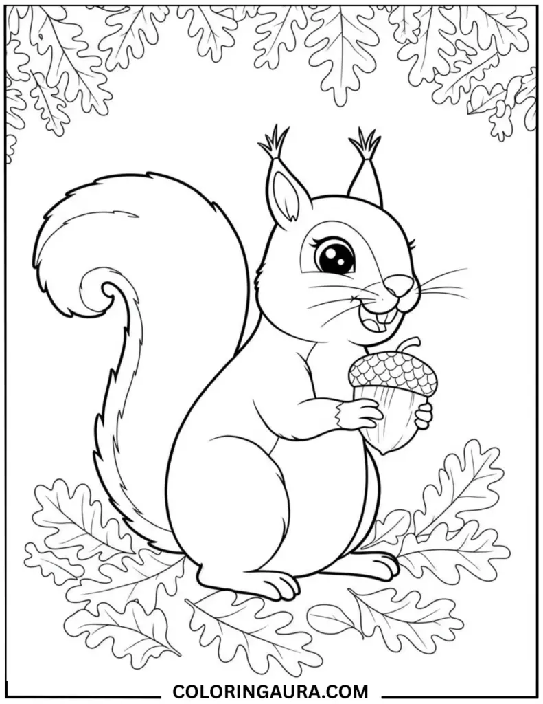 cute squirrel holding an acorn surrounded by autumn leaves.