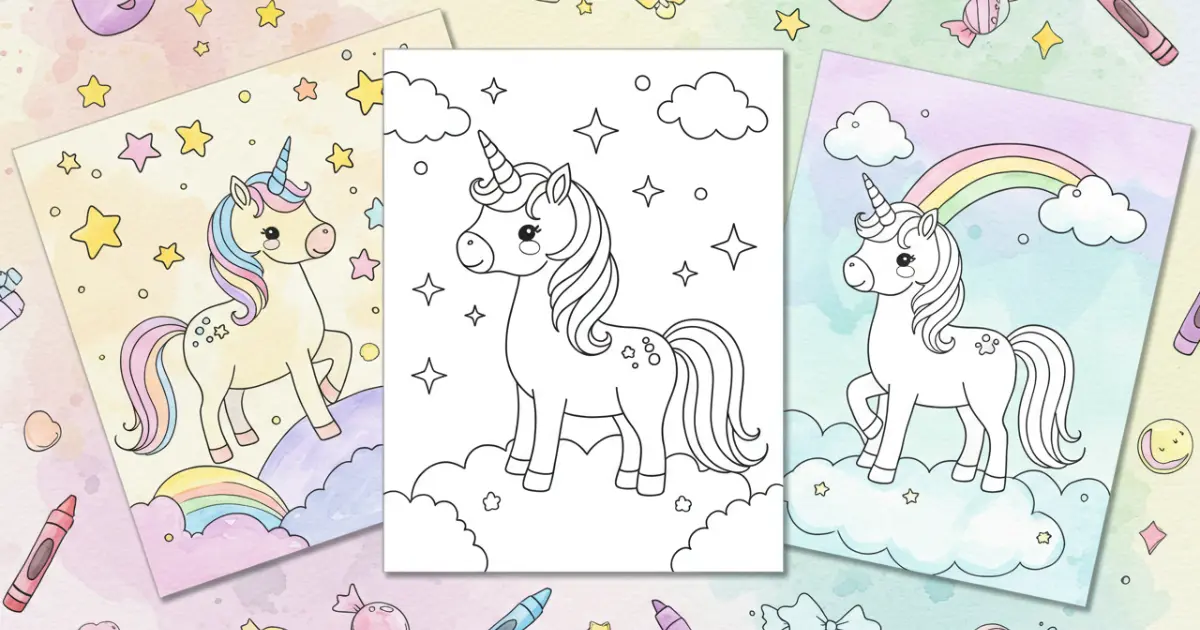 Three unicorn coloring sheets, two colored and one black-and-white, with rainbows, stars, and crayons.