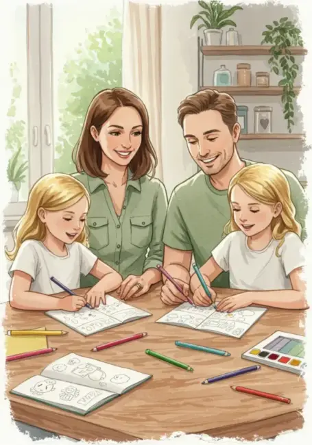 A joyful family enjoying creative time with coloring books and colored pencils — the perfect activity for kids and parents to relax and bond.