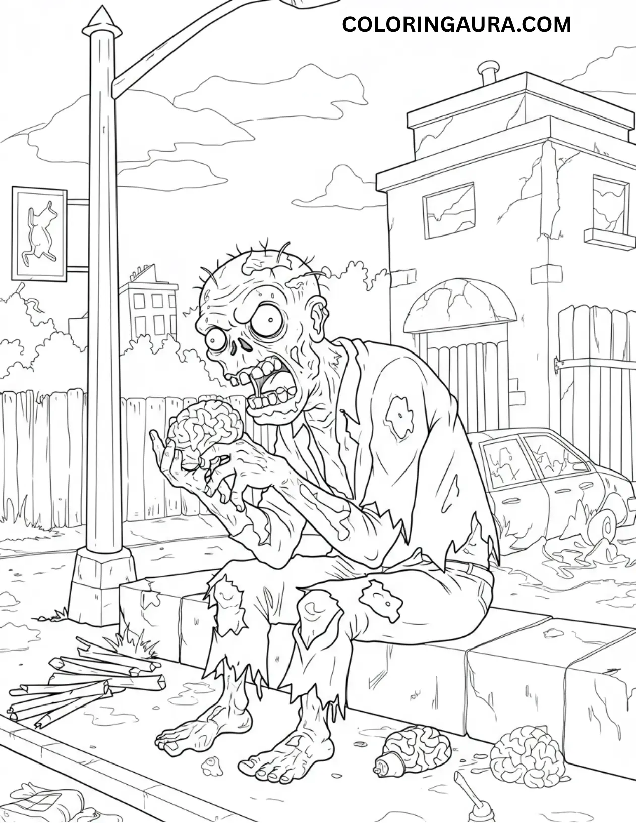 Black and white line art coloring page of a grotesque, decayed zombie sitting on a curb beneath a streetlight, happily holding and biting into a human brain. The background shows a dilapidated building, a broken fence, and an abandoned, wrecked car.