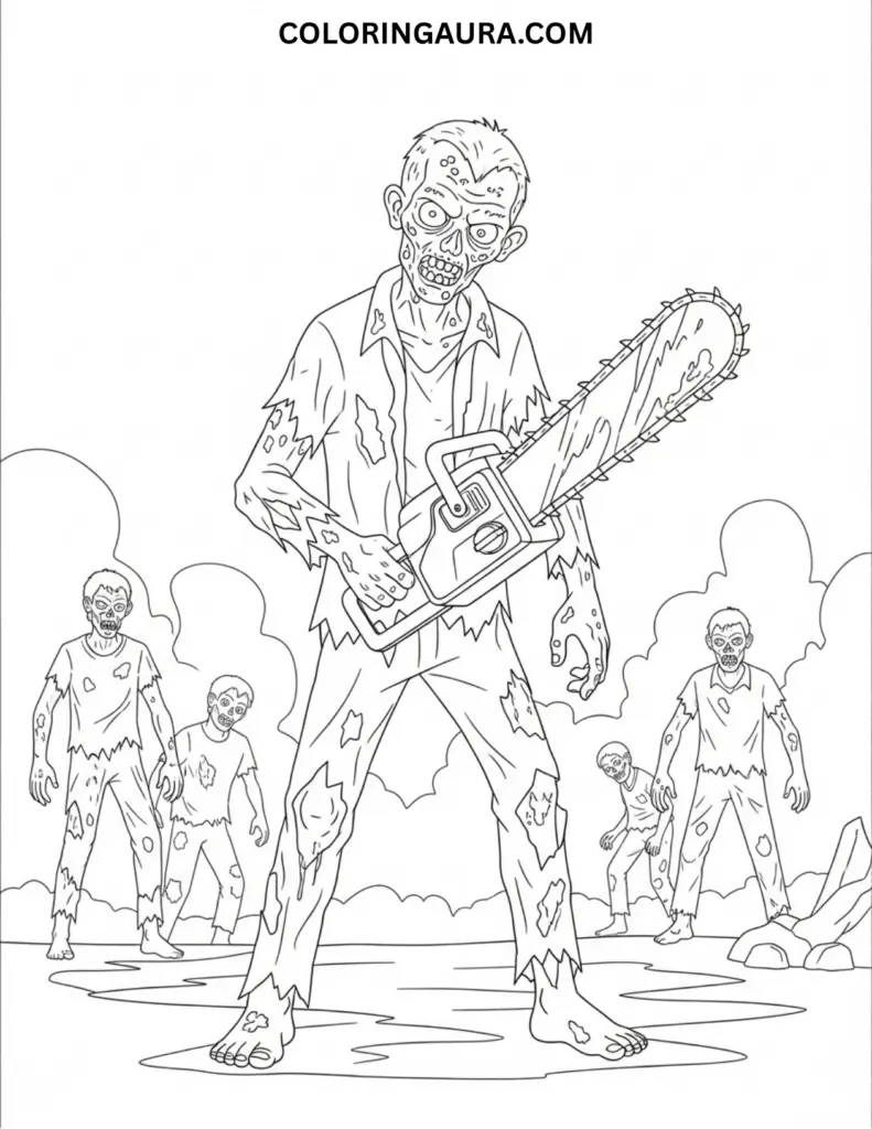 Outline art for coloring featuring a large, grotesque zombie with torn clothes and a grin, standing in the foreground and holding a chainsaw, with several other zombies visible in the desolate background