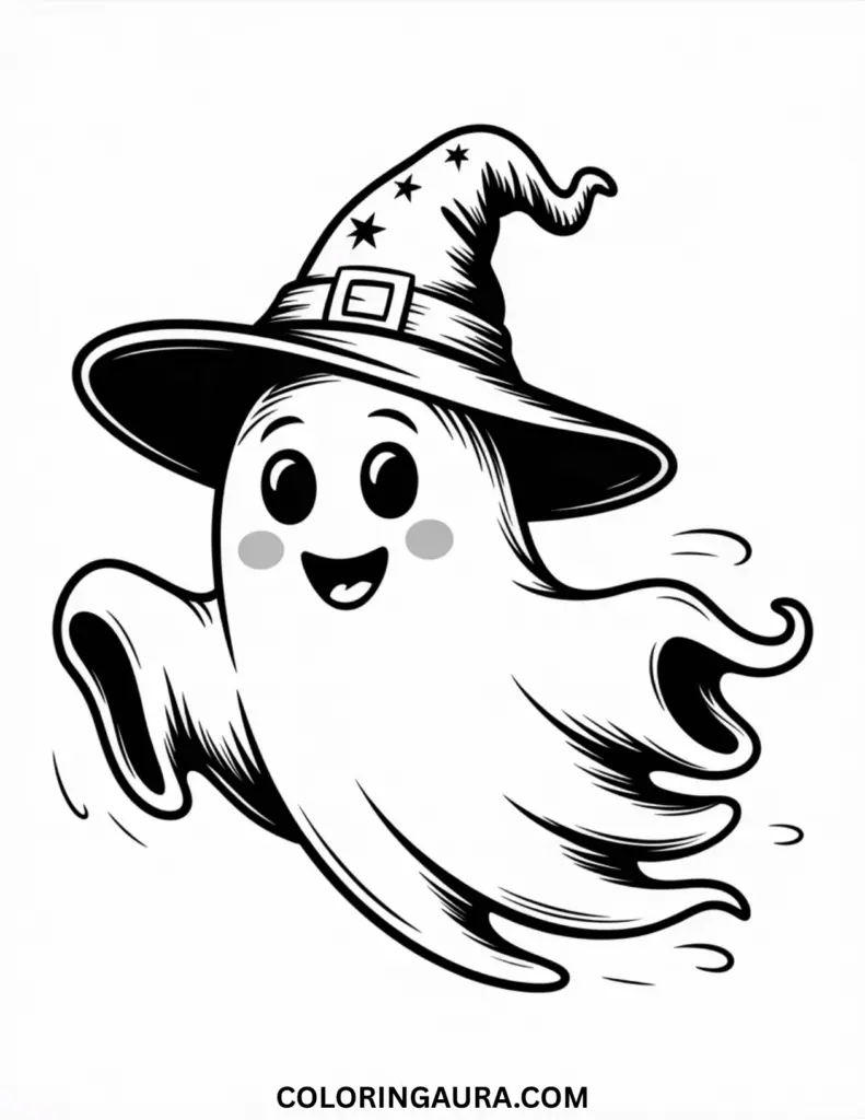 Outline art for coloring showing a happy, cartoon ghost wearing a pointed witch's hat, flying through the sky on a traditional straw broomstick, surrounded by clouds and stars.