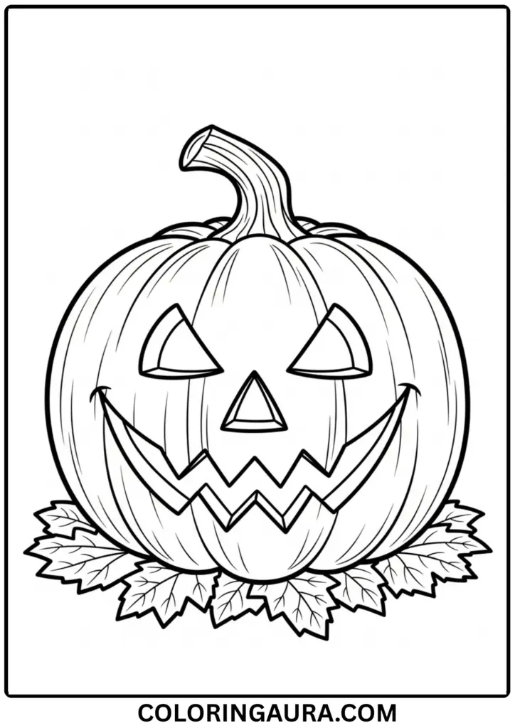 Outline of a large pumpkin with a carved face sitting on a patch of autumn leaves.