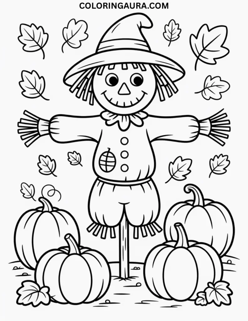 Outline drawing of a friendly scarecrow standing in a pumpkin patch surrounded by pumpkins and autumn leaves