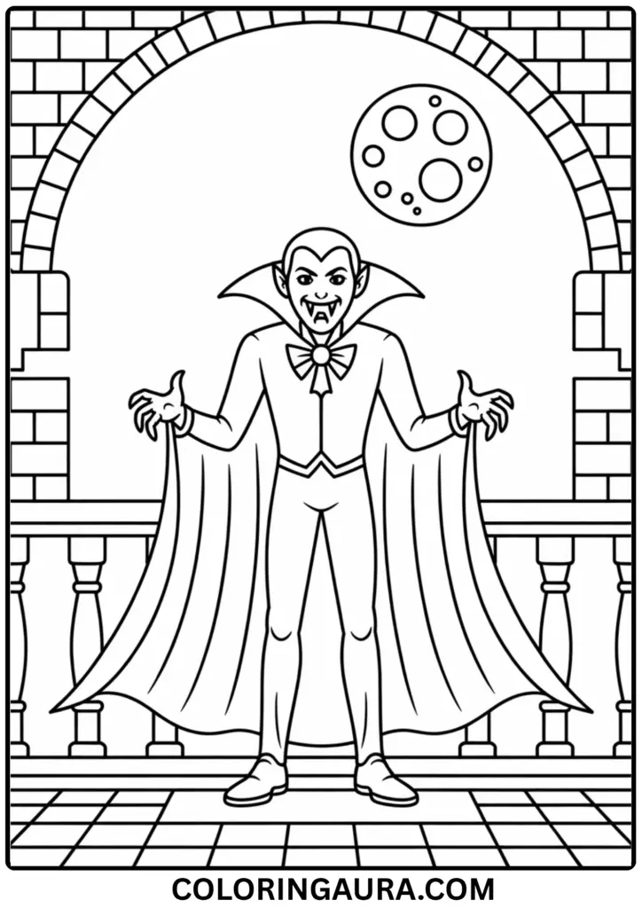 Outline of a vampire with fangs and a long cape standing on a castle balcony under a full moon