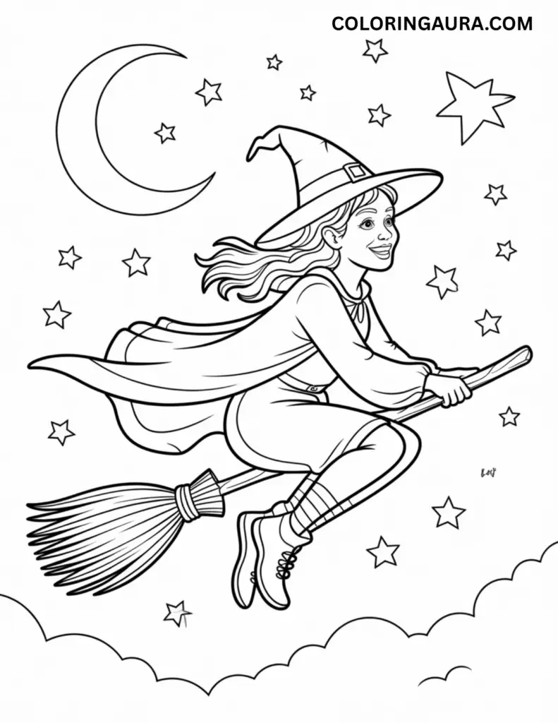 Outline art for coloring featuring a smiling witch with long, flowing hair and a cape, soaring across the starry night sky on a traditional straw broomstick, with a crescent moon above