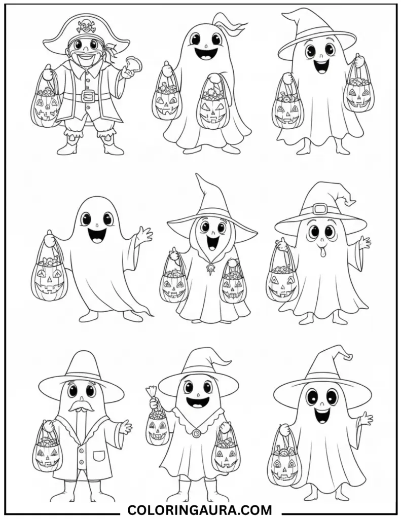 Line art coloring page showing nine different cartoon ghosts dressed in various costumes, including pirates and witches, all holding pumpkin-shaped candy buckets for trick-or-treating.