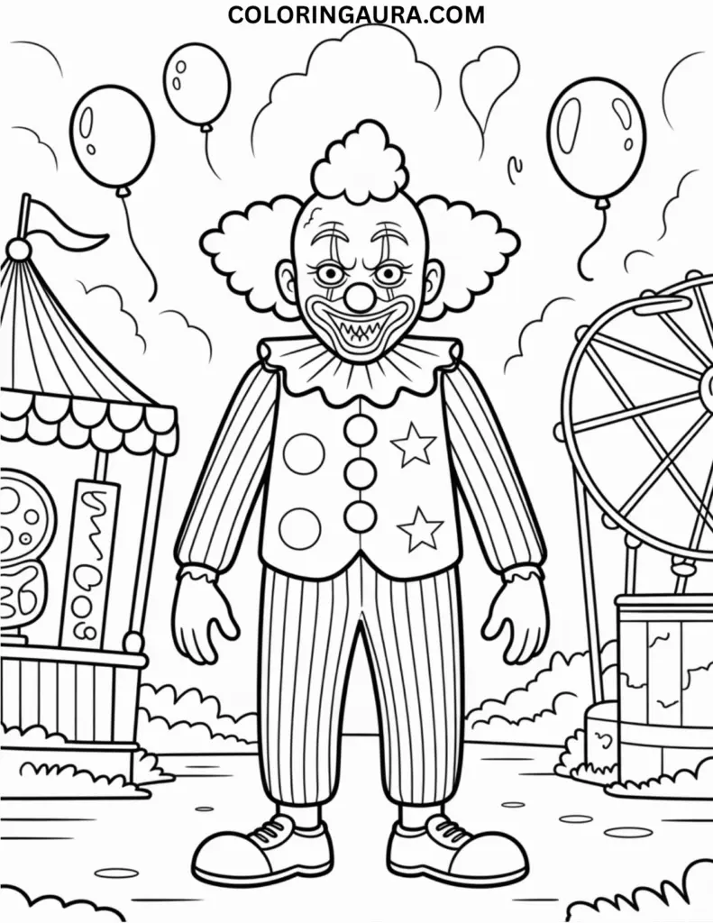 Outline of a sinister clown with balloons and broken carnival rides in fog