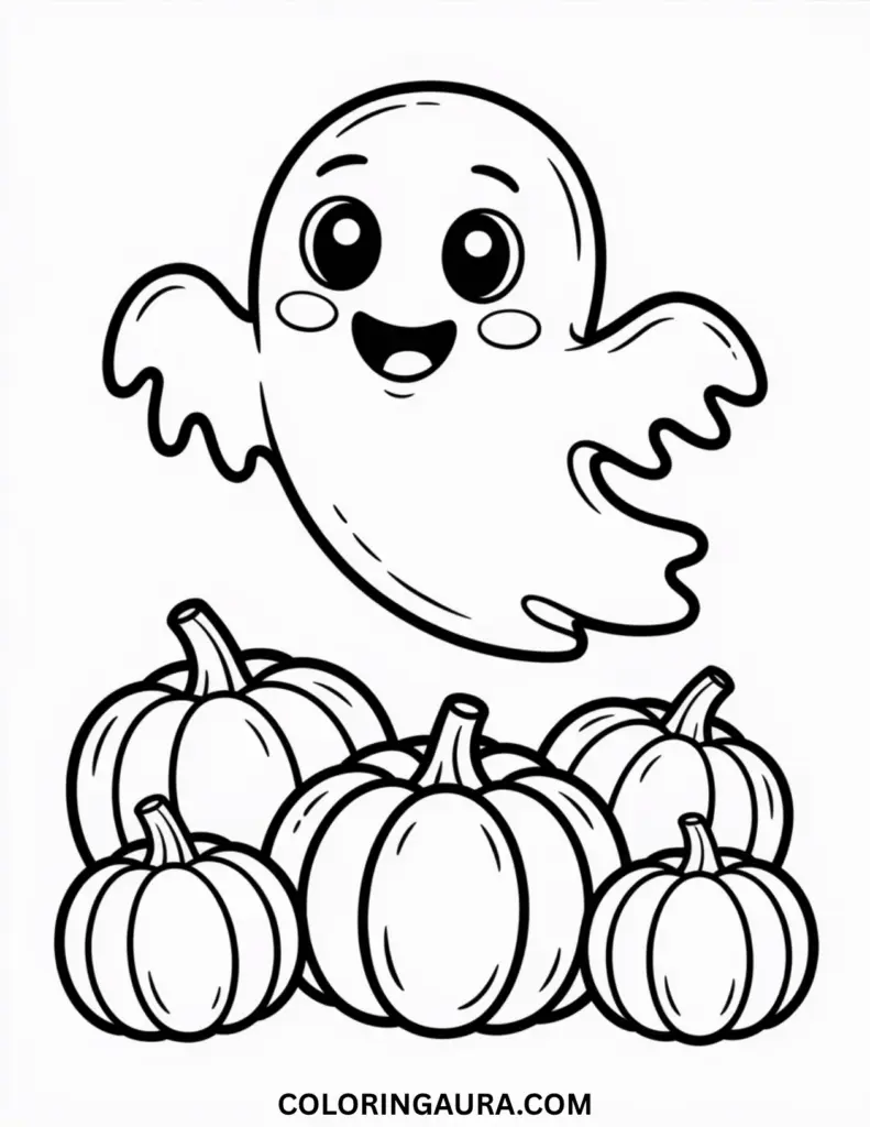 Outline art for coloring featuring a single, adorable, wide-eyed cartoon ghost floating happily above a pile of five pumpkins of different sizes