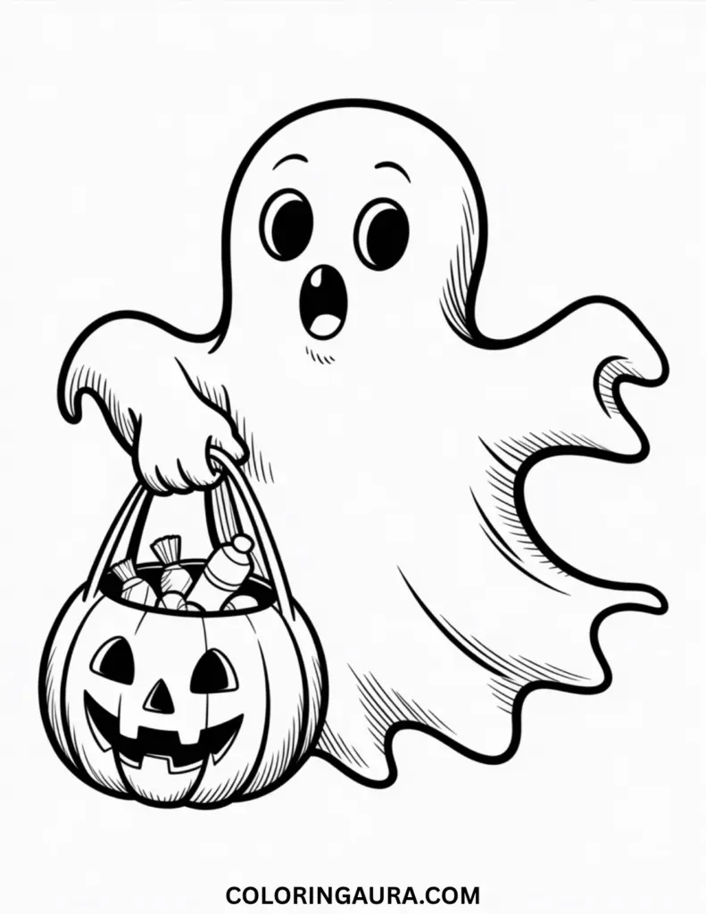 Outline art for coloring featuring an adorable cartoon ghost with a surprised expression, holding a handle of a carved jack-o'-lantern candy bucket filled with wrapped sweets.