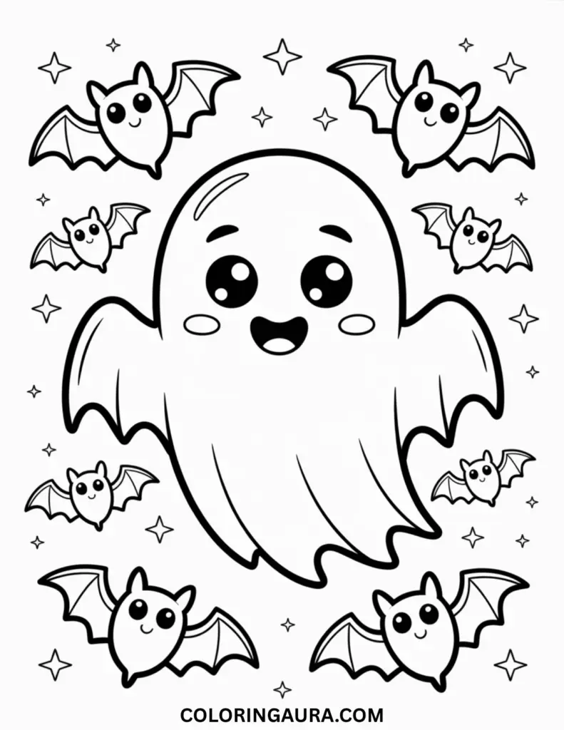 Outline art for coloring featuring a large, happy cartoon ghost with wide eyes and a smile, surrounded by eight smaller, adorable flying bats and numerous stars