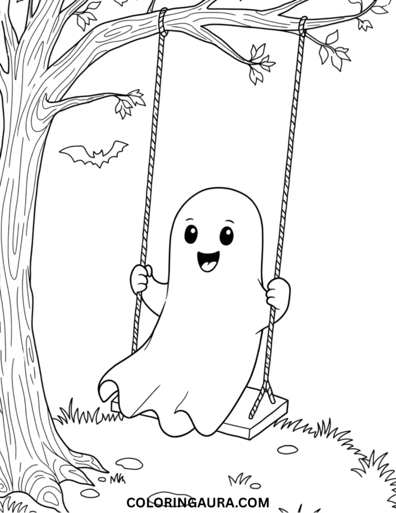 Outline art for coloring featuring a happy, cartoon ghost sitting on a wooden swing, which is suspended by ropes from a branch of a large, gnarled tree, with a bat flying nearby.