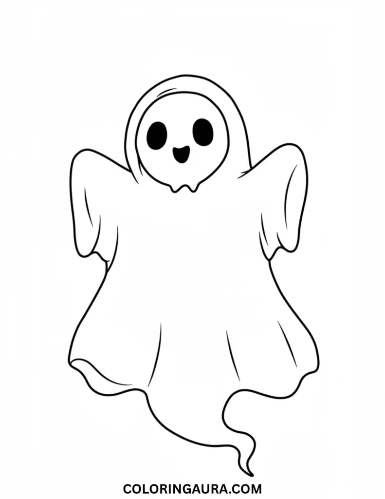 Outline art for coloring featuring a simple, adorable cartoon ghost floating and smiling, wearing a second layer of fabric or hood around its face for a classic sheet-ghost look.