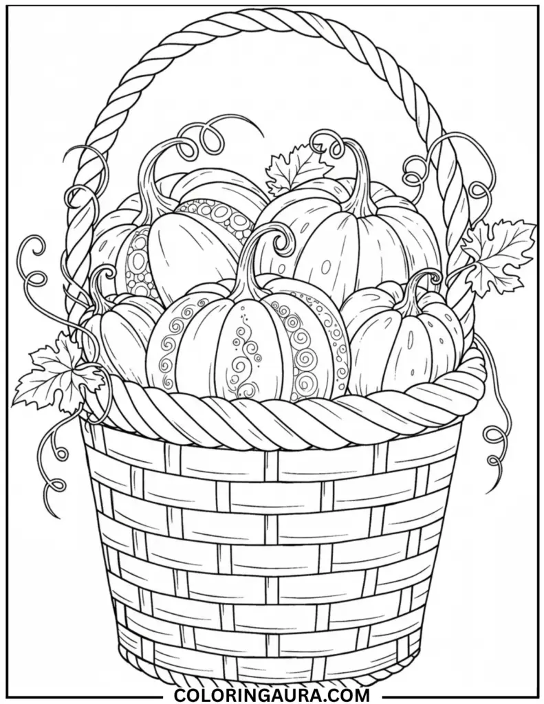 Line art coloring page showing a cluster of six carved pumpkins (jack-o'-lanterns) of various sizes, displaying a range of facial expressions including surprised, happy, mischievous, and angry