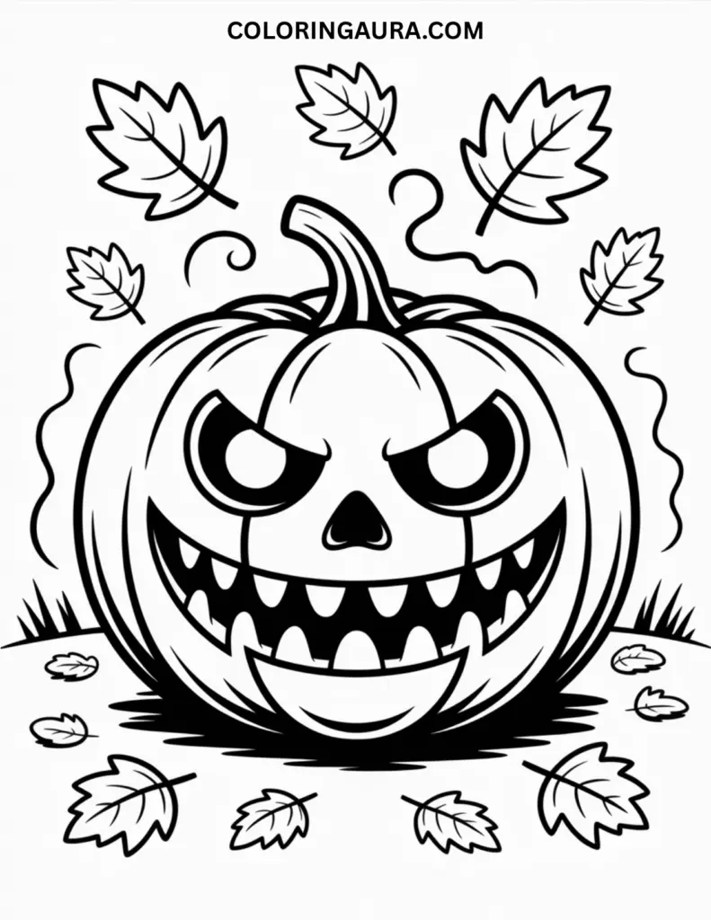 Outline of a large pumpkin with sharp teeth, glowing eyes, and fog around