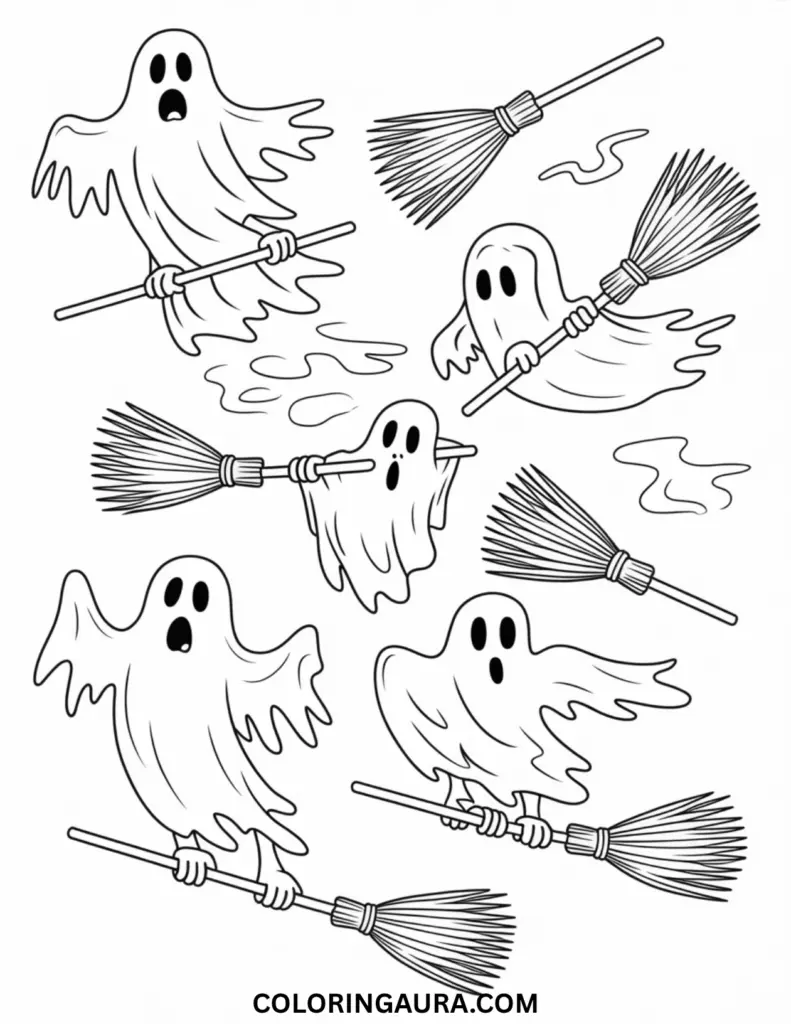 Outline art for coloring featuring five cartoon ghosts with surprised expressions, each flying through the air by holding onto a witch's straw broomstick, with wavy air streaks around them