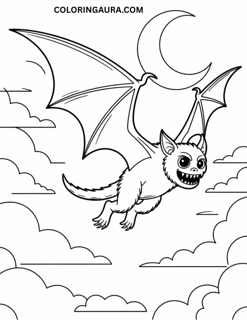 Black and white line art coloring page of a creature with large bat-like wings, sharp teeth, and a fluffy body, flying through a cloudy night sky with a crescent moon in the background