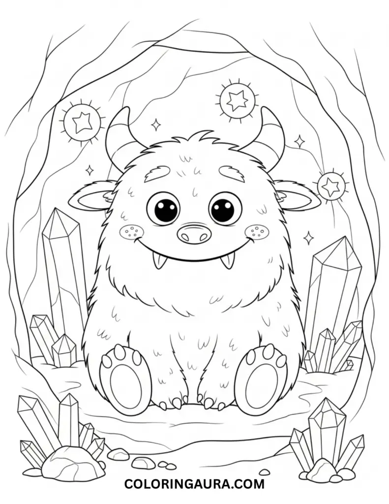 Black and white line art coloring page of a cute, fluffy monster with horns, big eyes, and small fangs, sitting happily in a cave surrounded by sparkling crystals.