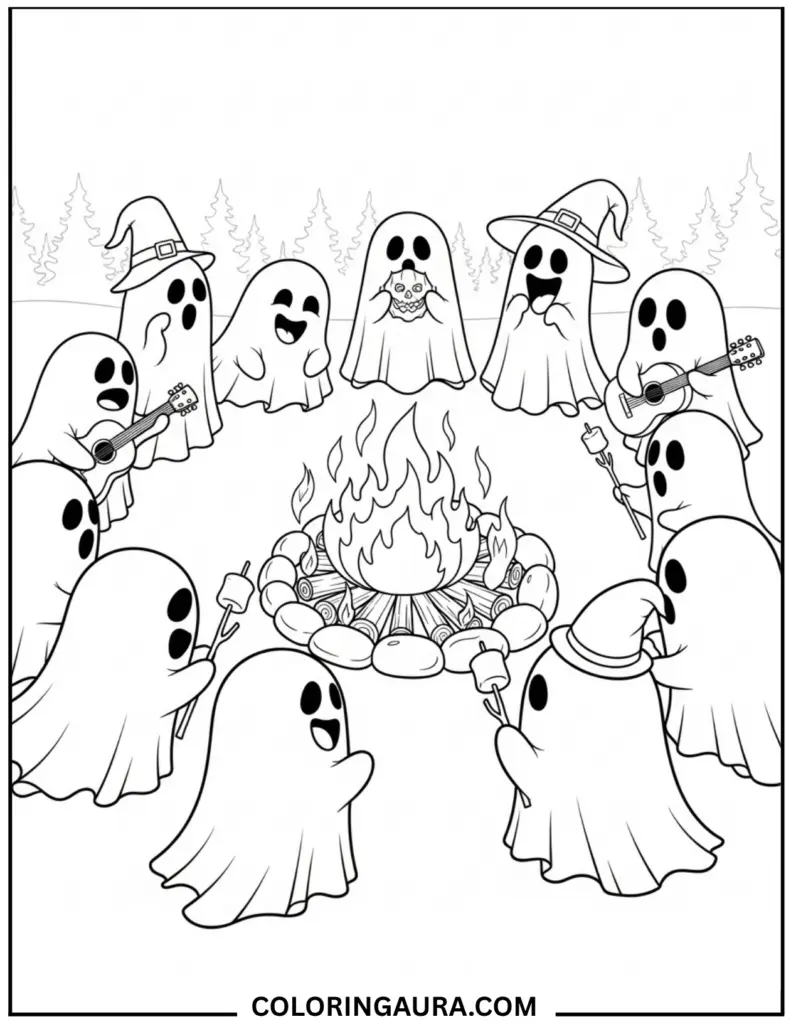 Line art coloring page of eleven cheerful, cartoon ghosts gathered in a circle around a campfire. Some ghosts are roasting marshmallows, two are playing guitars, and some are wearing witch hats.