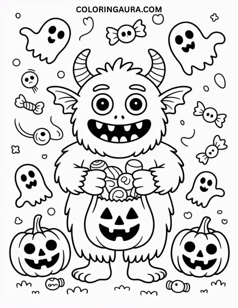 Black and white line art coloring page of a cute, furry monster with horns, big eyes, and a wide smile, holding a jack-o'-lantern candy bag filled with treats. It's surrounded by floating ghosts, small pumpkins, and various candies.