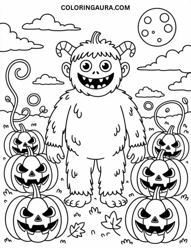 Black and white line art coloring page of a cute, furry monster with horns and a big smile, standing in a pumpkin patch surrounded by carved jack-o'-lanterns, under a full moon and clouds
