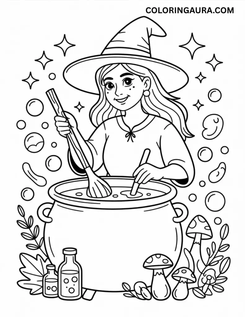 Outline art for coloring featuring a smiling witch in a pointed hat stirring a large, bubbling cauldron with a wooden spoon, surrounded by mushrooms, potion bottles, bubbles, and sparkles