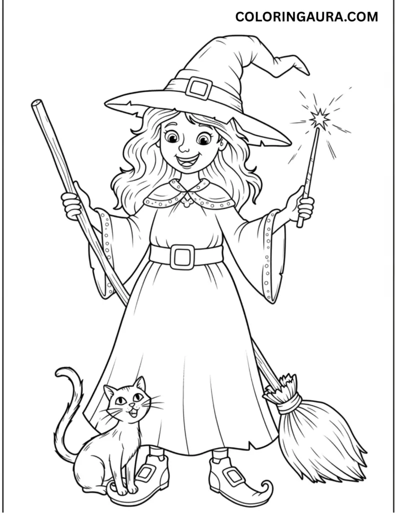 Outline art for coloring featuring a smiling witch in a large hat and flowing robe, standing with her black cat companion, holding a broomstick and a sparkling magic wand