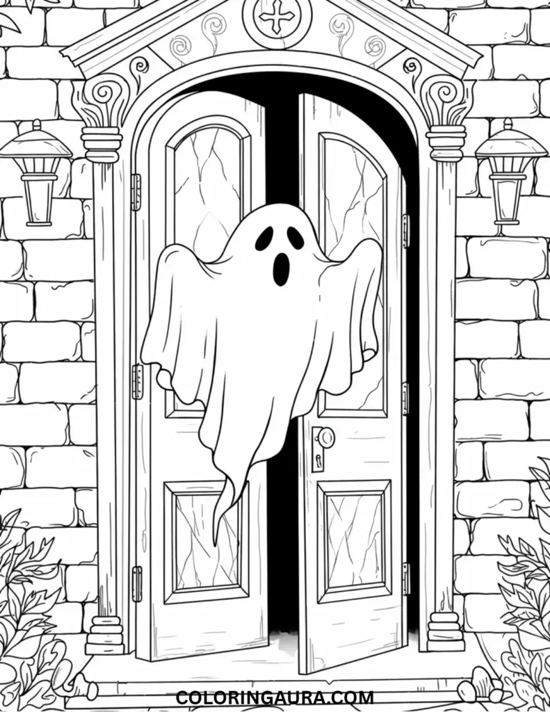 Outline art for coloring featuring a cartoon ghost with a surprised face, floating between two cracked-open, ornate wooden doors of an old, brick haunted mansion
