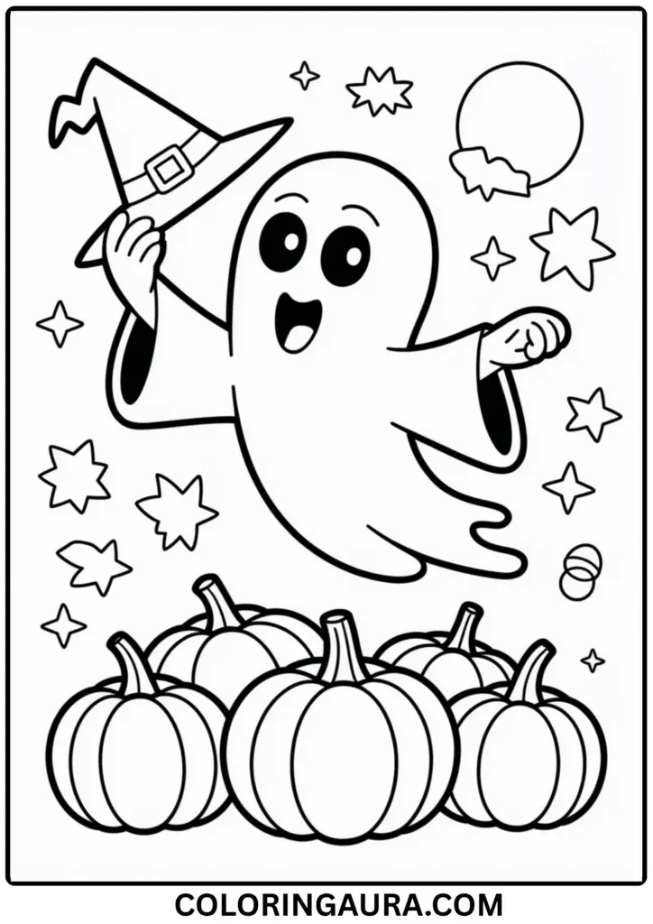 Outline drawing of a playful ghost floating among pumpkins while holding a pointed witch's hat.