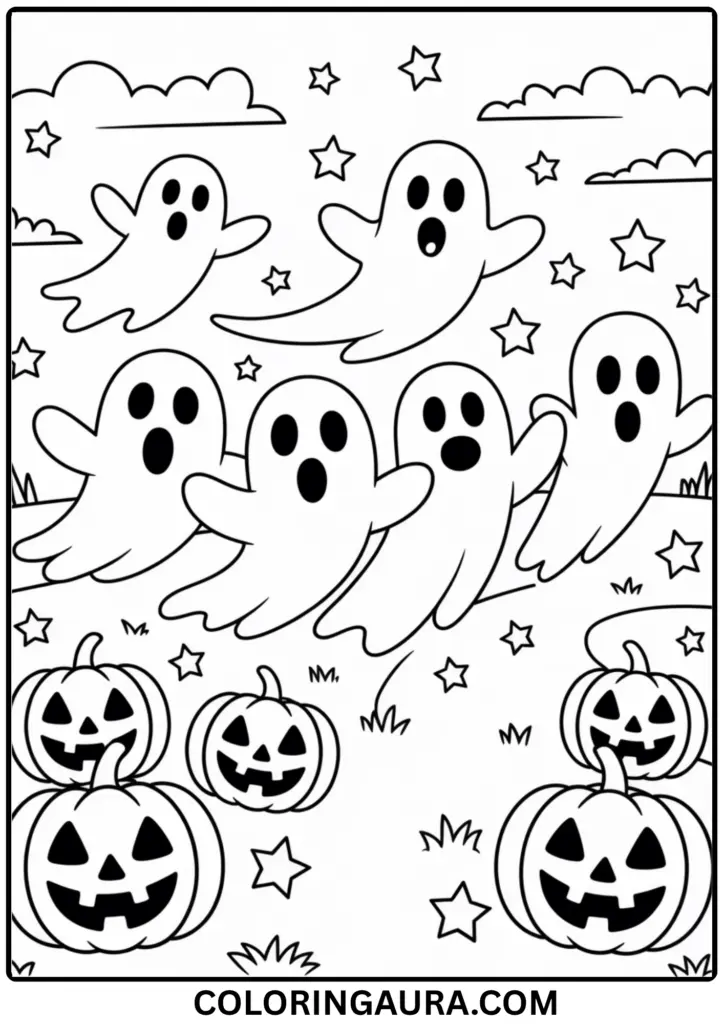 Outline drawing of a group of playful ghosts floating together across a field with stars and jack-o'-lanterns around.