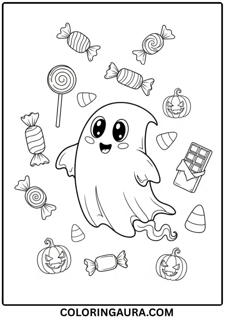 Outline drawing of a cute ghost surrounded by floating Halloween candies and small glowing pumpkins