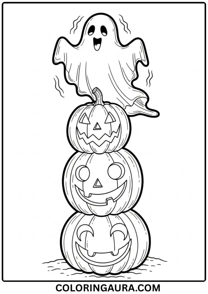 Outline drawing of a ghost floating above a tall stack of carved pumpkins with glowing faces
