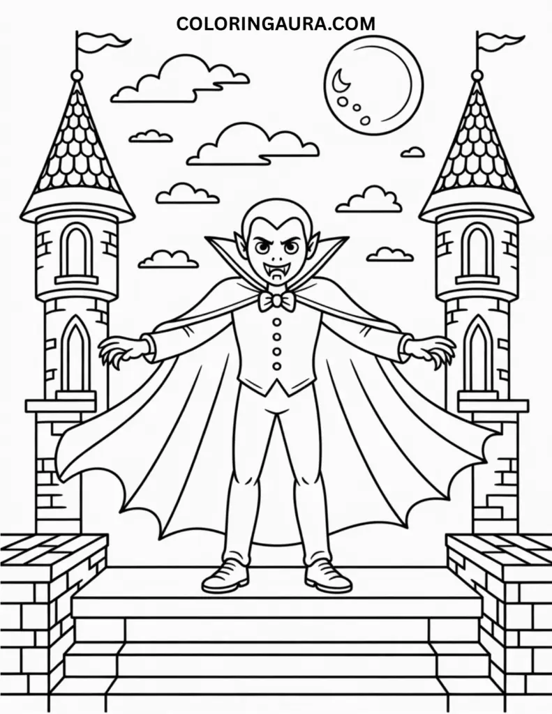 Outline of a vampire with cape and fangs standing on castle steps under the moonlight