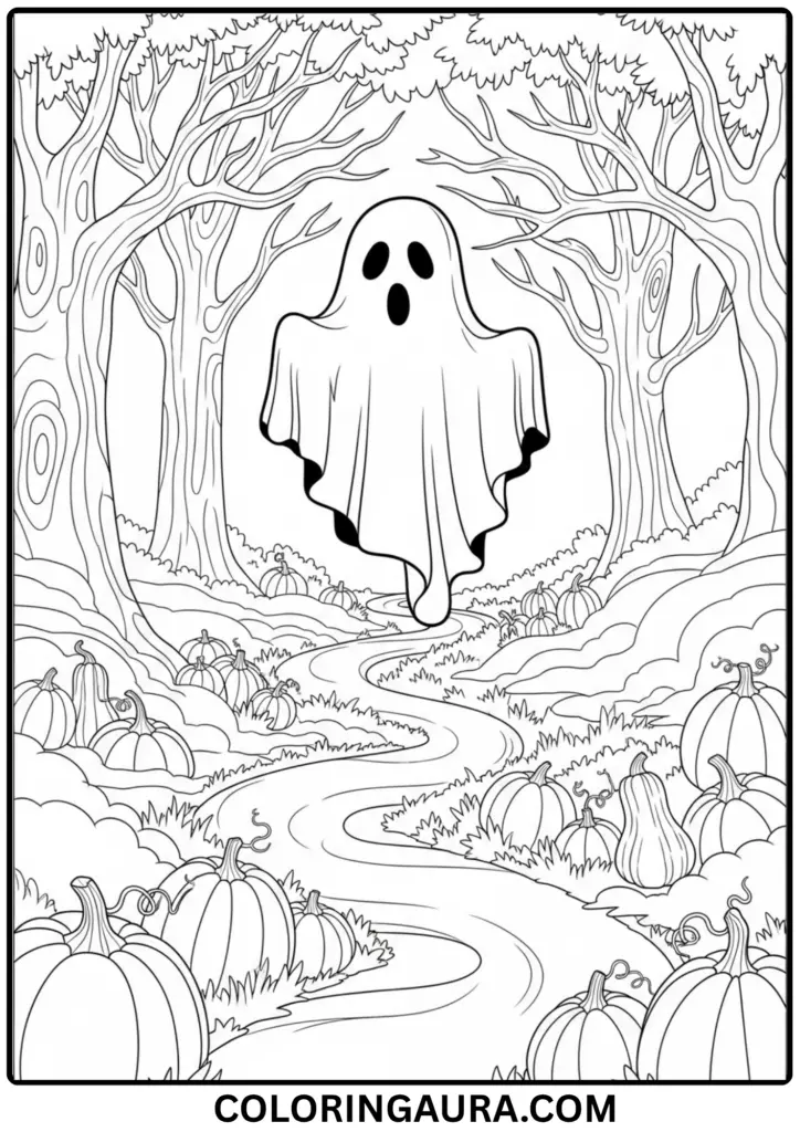 Outline drawing of a ghost hovering along a winding forest path lined with pumpkins and fog