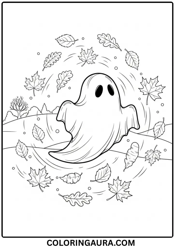 Outline drawing of a ghost drifting across a hill with swirling autumn leaves around it