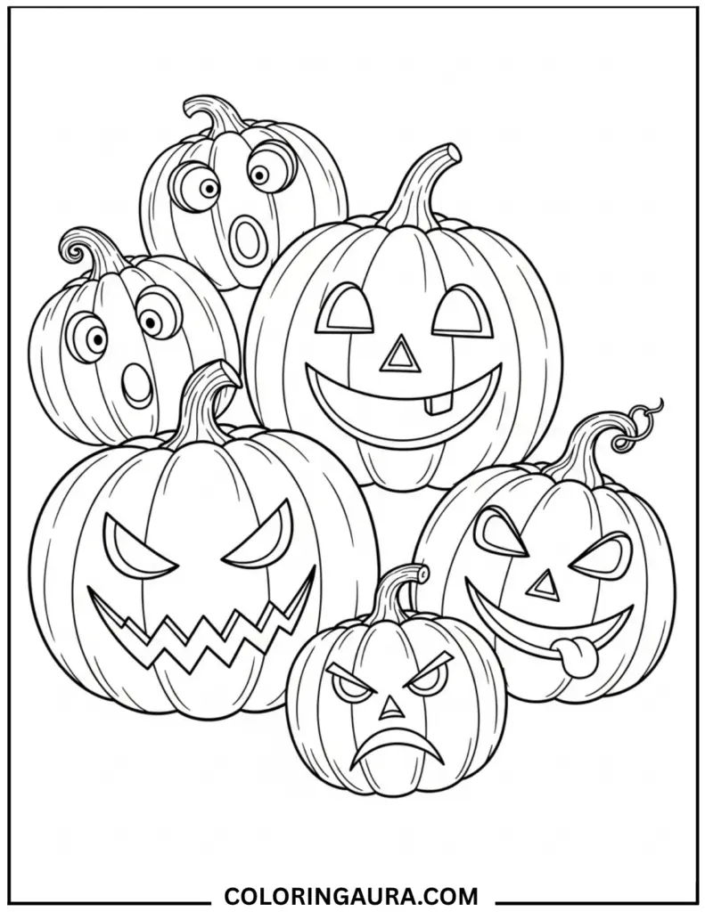 Line art coloring page showing a cluster of six carved pumpkins (jack-o'-lanterns) of various sizes, displaying a range of facial expressions including surprised, happy, mischievous, and angry.