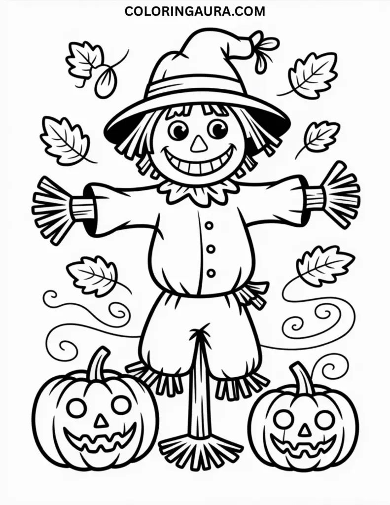 Outline drawing of a smiling scarecrow with a carved pumpkin at its feet and falling autumn leaves