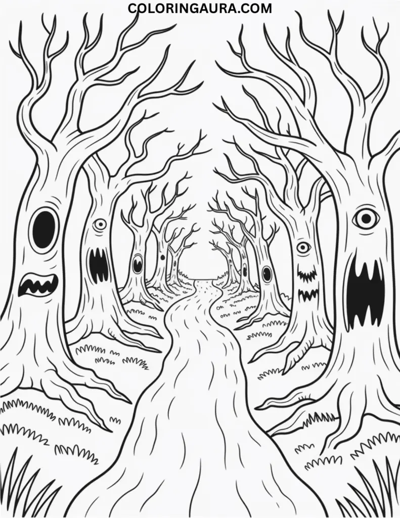 Outline of a spooky path through twisted trees with glowing eyes and ghostly lights