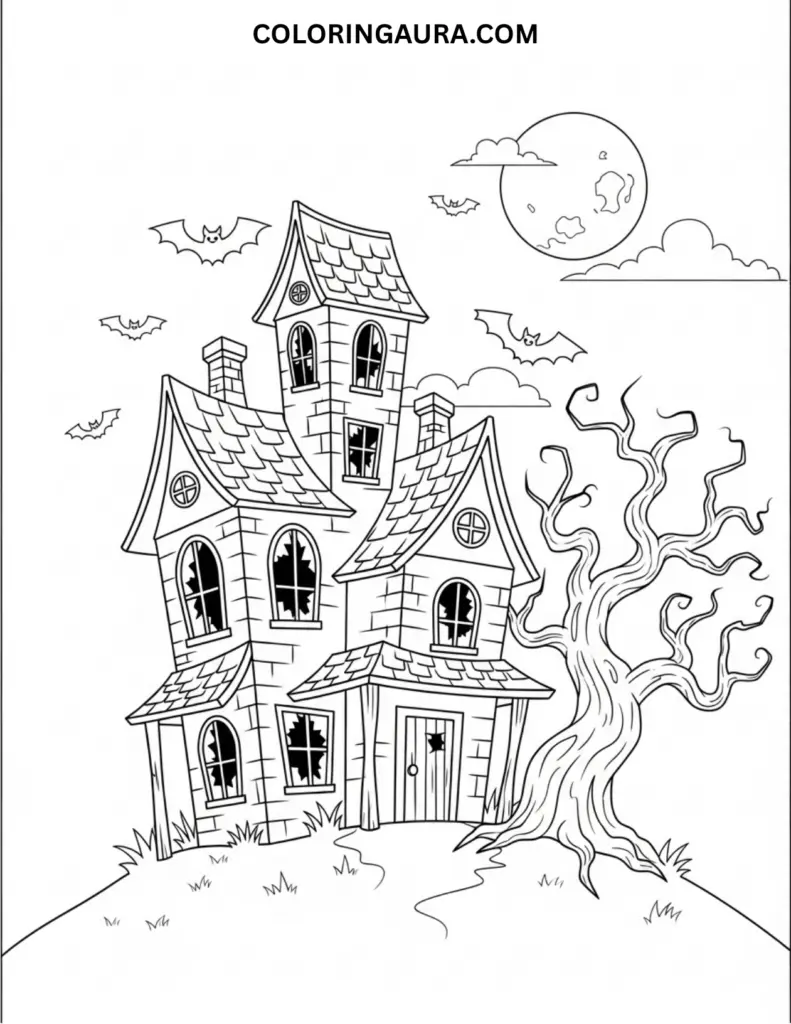 Outline of a haunted house with broken windows, crooked roof, twisted trees, and a full moon with bats flying around.