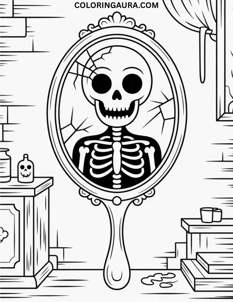 Outline of a cracked mirror reflecting a ghostly face in a dark room