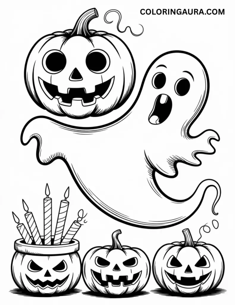 Outline art for coloring featuring a ghost floating above three carved pumpkins and a pumpkin-shaped cauldron or pot holding five long, thin candles.